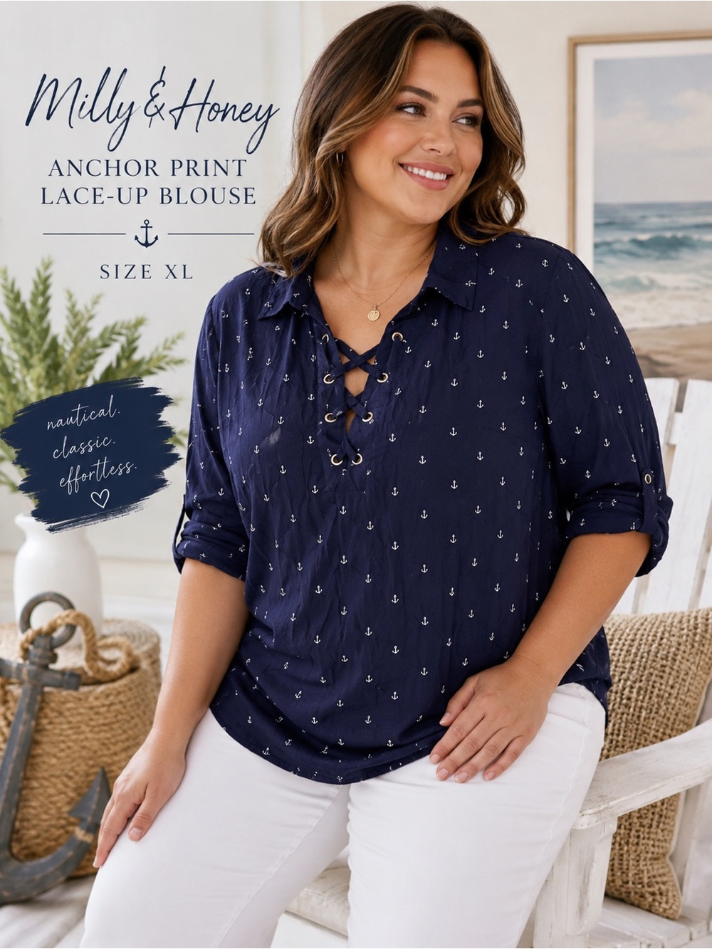 Milly & Honey Navy Anchor Print Lace-Up Roll Tab Blouse XL